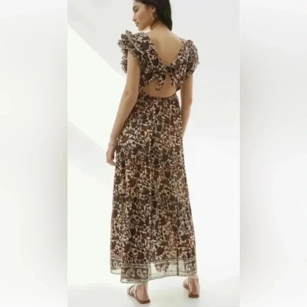 Love the Label Anthropologie Mirabelle Ruffled Maxi Dress Brown Size Medium